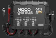 Noco GEN5X3 Battery Charger; For 12 Volt Batteries; 3 Bank Onboard Charger/ 5 Amp Per Bank; 120 To 240 Volt AC/ 50 To 60 Hz; 15 Amp Charging Current; 7.9 Inch Length x 2.2 Inch Width x 6-1/2 Inch Height; With Two Self-Tapping Screw