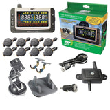 Truck System Technology (TST) TST-507-FT-8-C Tire Pressure Monitoring System - TPMS; 507 Series; For Use On Metal Valve Stems And For RV And Trailer Applications; 8 Flow Thru Sensors; 3-1/2 Inch TST Wide Screen Color Display; With Audio And Visual Alerts; With Replaceable Battery/ Two Installation Wrenches/ Rubber Display Mount/ Suction Cup Display Mount/ USB And 12 Volt Charging Capabilities/ Detailed User Manual/ One 507 Repeater