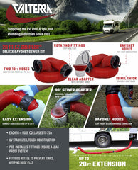 Valterra D04-0115 Sewer Hose -  EZ Coupler -  20 Foot Extended Length -  25 Inch Compressed Length For Each 10 Foot Section -  3 Inch Diameter -  18 Mil Vinyl -  UV Protectant -  Red With Black Fittings -  With Two 10 Foot Hoses/ Rotating Fittings/ Universal 90 Degree Sewer Adapter