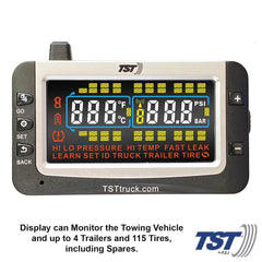 Truck System Technology (TST) TST-507-RV-6-C Tire Pressure Monitoring System - TPMS; 507 Series; For Use On Rubber Or Metal Valve Stems And For RV And Trailer Applications; 6 Cap Sensors; 3-1/2 Inch TST Wide Screen Color Display; With Audio And Visual Alerts; With Two Installation Wrenches/ Rubber Display Mount/ Suction Cup Display Mount/ USB And 12 Volt Charging Capabilities/ Detailed User Manual/ One 507 Repeater