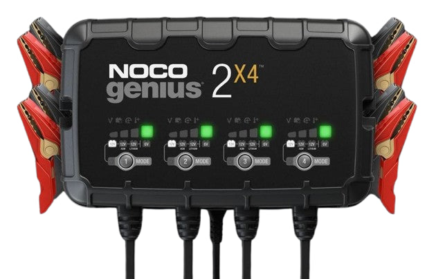 Noco GENIUS2X4 Battery Charger; For 6 Volt/ 12 Volt Batteries; 4 Bank Onboard Charger/ 2 Amp Per Bank; 120 To 240 Volt AC/ 50 To 60 Hz; 8 Amp Charging Current; 9.4 Inch Length x 2.3 Inch Width x 5.7 Inch Height; With Four Interchangeable Connectors/ Four Clamps With Integrated Eyelets/ Four 10 Foot Extension Cords/ Two Self-Tapping Screw/ Type A/ C/ G And I Power Cables