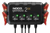 Noco GENIUS2X4 Battery Charger; For 6 Volt/ 12 Volt Batteries; 4 Bank Onboard Charger/ 2 Amp Per Bank; 120 To 240 Volt AC/ 50 To 60 Hz; 8 Amp Charging Current; 9.4 Inch Length x 2.3 Inch Width x 5.7 Inch Height; With Four Interchangeable Connectors/ Four Clamps With Integrated Eyelets/ Four 10 Foot Extension Cords/ Two Self-Tapping Screw/ Type A/ C/ G And I Power Cables