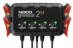 Noco GENIUS2X4 Battery Charger; For 6 Volt/ 12 Volt Batteries; 4 Bank Onboard Charger/ 2 Amp Per Bank; 120 To 240 Volt AC/ 50 To 60 Hz; 8 Amp Charging Current; 9.4 Inch Length x 2.3 Inch Width x 5.7 Inch Height; With Four Interchangeable Connectors/ Four Clamps With Integrated Eyelets/ Four 10 Foot Extension Cords/ Two Self-Tapping Screw/ Type A/ C/ G And I Power Cables