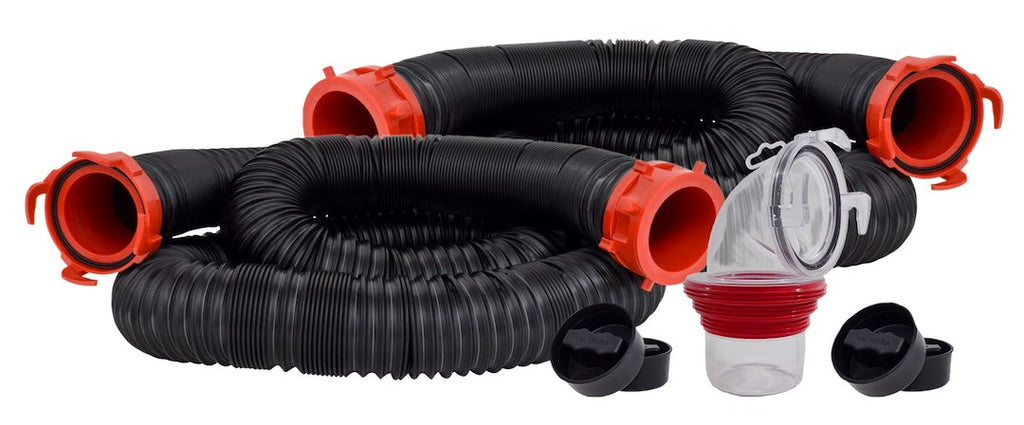 Valterra D04-0275 Sewer Hose -  Dominator ™ -  20 Foot Extended Length -  39 Inch Compressed Length For Each 10 Foot Section -  3 Inch Diameter -  23 Mil Poly Construction -  UV Protection -  Black With Red Fittings -  With Two 10 Foot Hoses/ Rotating Fittings/ Universal 90 Degree Sewer Adapter -  Boxed