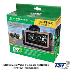 Truck System Technology (TST) TST-507-FT-6-C Tire Pressure Monitoring System - TPMS; 507 Series; For Use On Metal Valve Stems And For RV And Trailer Applications; 6 Flow Thru Sensors; 3-1/2 Inch TST Wide Screen Color Display; With Audio And Visual Alerts; With Two Installation Wrenches/ Rubber Display Mount/ Suction Cup Display Mount/ USB And 12 Volt Charging Capabilities/ Detailed User Manual/ One 507 Repeater