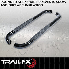 TrailFX A0032B Nerf Bar -  TFX Round Tube Side Steps -  With Step Pads -  3 Inch Round Bent -  Powder Coated -  Black -  Steel -  Without End Caps -  Rocker Panel Mount