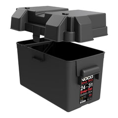 Noco BG31 Battery Box; HM318BKS; Fits Group 24 To 31 Automotive/ Marine/ RV Batteries; Snap-Top; Rugged Design; Black; Reinforced Plastic; Fully Ventilated; 14 Inch Length x 7.1 Inch Width x 9.6 Inch Height Internal Dimension; 17.6 Inch Length x 10 Inch Width x 10.7 Inch Height External Dimension; UV Resistant; Impact Resistant To -20 Degree Fahrenheit; Coast Guard/ ABYC Certified; Includes 42 Inch Battery Box Strap