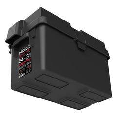 Noco BG31 Battery Box; HM318BKS; Fits Group 24 To 31 Automotive/ Marine/ RV Batteries; Snap-Top; Rugged Design; Black; Reinforced Plastic; Fully Ventilated; 14 Inch Length x 7.1 Inch Width x 9.6 Inch Height Internal Dimension; 17.6 Inch Length x 10 Inch Width x 10.7 Inch Height External Dimension; UV Resistant; Impact Resistant To -20 Degree Fahrenheit; Coast Guard/ ABYC Certified; Includes 42 Inch Battery Box Strap