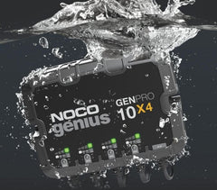 Noco GENPRO10X4 Battery Charger; For 12 Volt Batteries; 4 Bank Onboard Charger/ 10 Amp Per Bank; 120 To 240 Volt AC/ 50 To 60 Hz; 40 Amp Charging Current; 11.4 Inch Length x 2.8 Inch Width x 9.1 Inch Height; With Two Self-Tapping Screw
