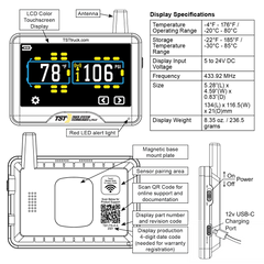Truck System Technology (TST) TST-770-FT-4-TC Tire Pressure Monitoring System - TPMS; 770 Series; For Use On Metal Valve Stems And For RV And Trailer Applications; 4 Flow Thru Sensors; 5 Inch TST Wide Screen Color Display; With Audio And Visual Alerts; With Two Installation Wrenches/ Suction Cup Display Mount/ USB And 12 Volt Charging Capabilities/ Detailed User Manual/ One 770 Repeater