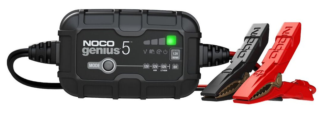 Noco GENIUS5 Battery Charger; For 6 Volt/ 12 Volt Batteries; 120 To 240 Volt AC/ 50 To 60 Hz; 9 Step Fully Automatic; 5 Amp Charging Current (6 Volt And 12 Volt); 4.6 Inch Length x 2.9 Inch Width x 1.9 Inch Height; With Interchangeable Connector/ Clamps With Integrated Eyelets/ Mounting Bracket With Strap/ Two Self-Tapping Screws
