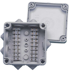 NewMar PX-3 Junction Box; Thru-Dex PX Series; 4.45 Inch Width x 4.45 Inch Depth x 2.29 Inch Height; 18 Pair Terminal Strip; 16 Gauge Wire; Gray; Polypropylene Housing; With Brass Compression Screw Terminals/ 2 Connector Strips; IP54 Waterproof