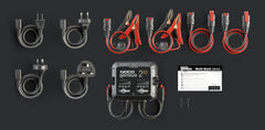 Noco GENIUS2X2 Battery Charger; Genius ®; For 6 Volt/ 12 Volt Batteries; 2 Bank Charger; 120 To 240 Volt AC Power Supply; 4 Amp Charging Current; 50 To 60 Hertz Frequency; -4 To 104 Degree Fahrenheit; 5.2 Inch Length x 1.9 Inch Width x 4.4 Inch Height; With Two Interchangeable Connectors/ Two Clamps With Integrated Eyelets/ Two 10 Foot Extension Cords/ Two Self-Tapping Screws/ Type A/ C/ G And I Power Cables