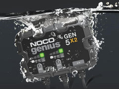 Noco GEN5X2 Battery Charger; For 12 Volt Batteries; 2 Bank Onboard Charger/ 5 Amp Per Bank; 120 To 240 Volt AC/ 50 To 60 Hz; 10 Amp Charging Current; 7 Inch Length x 2.2 Inch Width x 5.6 Inch Height; With Two Self-Tapping Screw