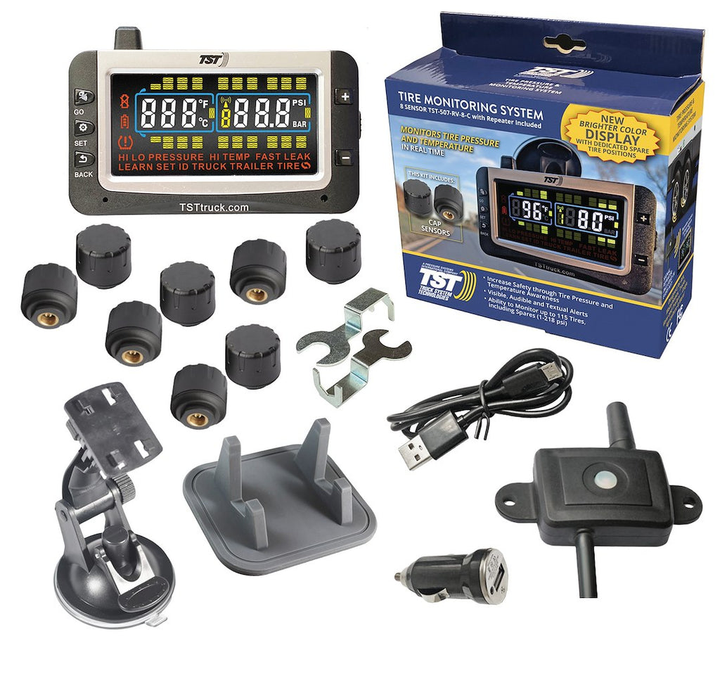 Truck System Technology (TST) TST-507-RV-8-C Tire Pressure Monitoring System - TPMS; 507 Series; For Use On Rubber Or Metal Valve Stems And For RV And Trailer Applications; 8 Cap Sensors; 3-1/2 Inch TST Wide Screen Color Display; With Audio And Visual Alerts; With Replaceable Battery/ Two Installation Wrenches/ Rubber Display Mount/ Suction Cup Display Mount/ USB And 12 Volt Charging Capabilities/ Detailed User Manual/ One 507 Repeater