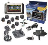 Truck System Technology (TST) TST-507-RV-8-C Tire Pressure Monitoring System - TPMS; 507 Series; For Use On Rubber Or Metal Valve Stems And For RV And Trailer Applications; 8 Cap Sensors; 3-1/2 Inch TST Wide Screen Color Display; With Audio And Visual Alerts; With Replaceable Battery/ Two Installation Wrenches/ Rubber Display Mount/ Suction Cup Display Mount/ USB And 12 Volt Charging Capabilities/ Detailed User Manual/ One 507 Repeater