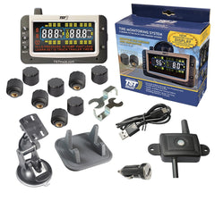 Truck System Technology (TST) TST-507-RV-8-C Tire Pressure Monitoring System - TPMS; 507 Series; For Use On Rubber Or Metal Valve Stems And For RV And Trailer Applications; 8 Cap Sensors; 3-1/2 Inch TST Wide Screen Color Display; With Audio And Visual Alerts; With Replaceable Battery/ Two Installation Wrenches/ Rubber Display Mount/ Suction Cup Display Mount/ USB And 12 Volt Charging Capabilities/ Detailed User Manual/ One 507 Repeater