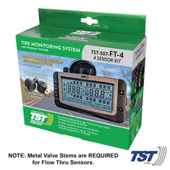 Truck System Technology (TST) TST-507-FT-4 Tire Pressure Monitoring System - TPMS; 507 Series; For Use On Metal Valve Stems And For RV And Trailer Applications; 4 Flow Thru Sensors; 3-1/2 Inch TST Wide Screen Monochromatic Display; With Audio And Visual Alerts; With Two Installation Wrenches/ Rubber Display Mount/ Suction Cup Display Mount/ USB And 12 Volt Charging Capabilities/ Detailed User Manual/ One 507 Repeater