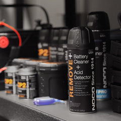 Noco E404 Battery Terminal Cleaner; Use To Remove Corrosive Elements From Battery Terminals/ Cables/ Hold-Downs And Battery Boxes; Acid Detector; Spray; 14 Ounce; Aerosol Can; White Color; Assures Maximum Current Flow And Reduces Potential Voltage Leakage