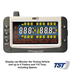 Truck System Technology (TST) TST-507-RV-4-C Tire Pressure Monitoring System - TPMS; 507 Series; For Use On Rubber Or Metal Valve Stems And For RV And Trailer Applications; 4 Cap Sensors; 3-1/2 Inch TST Wide Screen Color Display; With Audio And Visual Alerts; With Two Installation Wrenches/ Rubber Display Mount/ Suction Cup Display Mount/ USB And 12 Volt Charging Capabilities/ Detailed User Manual/ One 507 Repeater