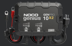 Noco GENPRO10X2 Battery Charger; For 12 Volt Batteries; 2 Bank Onboard Charger/ 10 Amp Per Bank; 120 To 240 Volt AC/ 50 To 60 Hz; 20 Amp Charging Current; 8.1 Inch Length x 2.9 Inch Width x 6-1/2 Inch Height; With Two Self-Tapping Screw