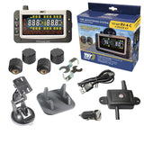 Truck System Technology (TST) TST-507-RV-4-C Tire Pressure Monitoring System - TPMS; 507 Series; For Use On Rubber Or Metal Valve Stems And For RV And Trailer Applications; 4 Cap Sensors; 3-1/2 Inch TST Wide Screen Color Display; With Audio And Visual Alerts; With Two Installation Wrenches/ Rubber Display Mount/ Suction Cup Display Mount/ USB And 12 Volt Charging Capabilities/ Detailed User Manual/ One 507 Repeater