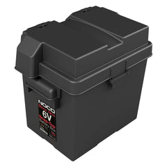 Noco BG6V Battery Box; HM306BKS; Fits 6 Volt Automotive/ Marine/ RV Batteries; Snap-Top; Rugged Design; Black; Reinforced Plastic; Fully Ventilated; 10.6 Inch Length x 7.6 Inch Width x 11.2 Inch Height Internal Dimension; 14.1 Inch Length x 10.6 Inch Width x 12.4 Inch Height External Dimension; UV Resistant; Impact Resistant To -20 Degree Fahrenheit; Coast Guard/ ABYC Certified; Includes 54 Inch Battery Box Strap
