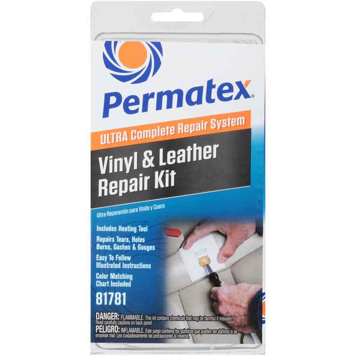 Permatex 81781 Vinyl Repair Kit; Ultra Series; Use To Repair Cracks/ Tears/ Holes/ Burns In Dashboards/ Vinyl And Leather Upholstery/ Vinyl Tops/ Marine Upholstery And Luggage; Single; With Electric Heat Tool/ 7 Intermixing Colors Of Repair Compound/ Clear Vinyl Adhesive/ Filler (Net - 34 Ounce)/ Grain Pattern Paper/ Metal Spatula/ Plastic Dashboard Hardening Powder