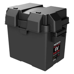 Noco BG6V Battery Box; HM306BKS; Fits 6 Volt Automotive/ Marine/ RV Batteries; Snap-Top; Rugged Design; Black; Reinforced Plastic; Fully Ventilated; 10.6 Inch Length x 7.6 Inch Width x 11.2 Inch Height Internal Dimension; 14.1 Inch Length x 10.6 Inch Width x 12.4 Inch Height External Dimension; UV Resistant; Impact Resistant To -20 Degree Fahrenheit; Coast Guard/ ABYC Certified; Includes 54 Inch Battery Box Strap