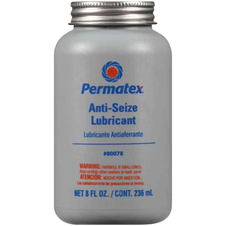 Permatex 80078 Anti Seize Lubricant; Used For Spark Plugs/ Cylinder Head/ Exhaust Head Bolts/ Anchor Pins On Brake Assemblies/ U-Bolts/ Spring Bolts/ Hinges/ Gears/ Chain/ Sprockets And Rollers; 8 Ounce Brush-Top Bottle; Aluminum/ Copper/ Graphite Lubricants; From -60 Degree Fahrenheit To +1600 Degree Fahrenheit; Single