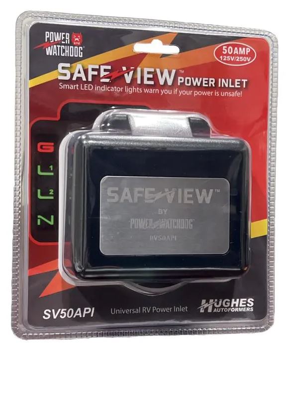 Hughes Auto SV50API Power Inlet Port; SafeView™; Manual Power Disconnect; 50 Amp; 125 Volt; Black; Nickel Plated Contacts; Twist Lock Design; ETL Certified; With Water Resistant Cover And Halo Status Light