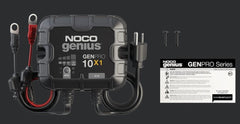 Noco GENPRO10X1 Battery Charger; For 12 Volt Batteries; 1 Bank Onboard Charger; 120 To 240 Volt AC/ 50 To 60 Hz; 10 Amp Charging Current; 5.8 Inch Length x 2.8 Inch Width x 5.6 Inch Height; With Two Self-Tapping Screw