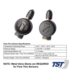 Truck System Technology (TST) TST-770-FT-4-TC Tire Pressure Monitoring System - TPMS; 770 Series; For Use On Metal Valve Stems And For RV And Trailer Applications; 4 Flow Thru Sensors; 5 Inch TST Wide Screen Color Display; With Audio And Visual Alerts; With Two Installation Wrenches/ Suction Cup Display Mount/ USB And 12 Volt Charging Capabilities/ Detailed User Manual/ One 770 Repeater