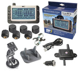 Truck System Technology (TST) TST-507-RV-6 Tire Pressure Monitoring System - TPMS; 507 Series; For Use On Rubber Or Metal Valve Stems And For RV And Trailer Applications; 6 Cap Sensors; 3-1/2 Inch TST Wide Screen Monochromatic Display; With Audio And Visual Alerts; With Two Installation Wrenches/ Rubber Display Mount/ Suction Cup Display Mount/ USB And 12 Volt Charging Capabilities/ Detailed User Manual/ One 507 Repeater