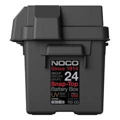 Noco BG24 Battery Box; HM300BKS; Fits Group 24 Automotive/ Marine/ RV Batteries; Snap-Top; Rugged Design; Black; Reinforced Plastic; Fully Ventilated; 10-1/2 Inch Length x 7.2 Inch Width x 9.6 Inch Height Internal Dimension; 14 Inch Length x 10 Inch Width x 10.7 Inch Height External Dimension; UV Resistant; Impact Resistant To -20 Degree Fahrenheit; Coast Guard/ ABYC Certified; Includes 42 Inch Battery Box Strap
