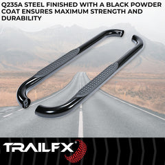 TrailFX A0032B Nerf Bar -  TFX Round Tube Side Steps -  With Step Pads -  3 Inch Round Bent -  Powder Coated -  Black -  Steel -  Without End Caps -  Rocker Panel Mount