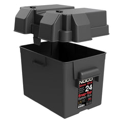 Noco BG24 Battery Box; HM300BKS; Fits Group 24 Automotive/ Marine/ RV Batteries; Snap-Top; Rugged Design; Black; Reinforced Plastic; Fully Ventilated; 10-1/2 Inch Length x 7.2 Inch Width x 9.6 Inch Height Internal Dimension; 14 Inch Length x 10 Inch Width x 10.7 Inch Height External Dimension; UV Resistant; Impact Resistant To -20 Degree Fahrenheit; Coast Guard/ ABYC Certified; Includes 42 Inch Battery Box Strap