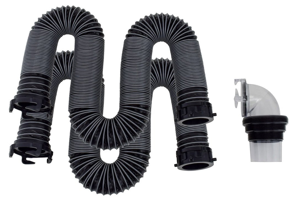 Valterra D04-0675 Sewer Hose -  Silverback ™ -  20 Foot Extended Length -  76 Inch Compressed Length -  3 Inch Diameter -  24 Mil Polypropylene -  UV Protection -  Silver/ Black -  100 Mil Protective Outer Beading -  With Rotating Fittings/ 90 Degree Universal Sewer Adapter -  Boxed
