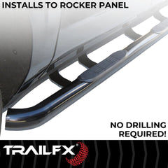 TrailFX A0046B Nerf Bar -  TFX Round Tube Side Steps -  With Step Pads -  3 Inch Round Bent 60 Degree -  Powder Coated -  Black -  Steel -  Without End Caps -  Both Frame Body and Rocker Mount