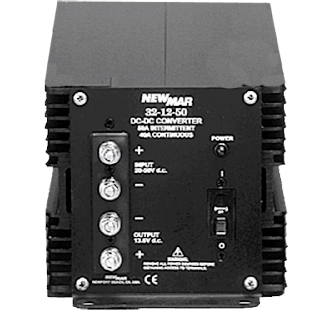 NewMar 32-12-50 Power Converter; Standard Series; Converts 20 To 50 Volt DC To 13.6 Volt DC; 40 Ampere Continuous Output; 85 Percent Efficiency; Short Circuit/ Reverse Polarity/ Overvoltage Protection; 18.1 Inch Length x 6-3/4 Inch Width x 6.2 Inch Height; 0 To 50 Degree Celsius Operating Temperature; 40 KHz Switching Frequency; Aluminum