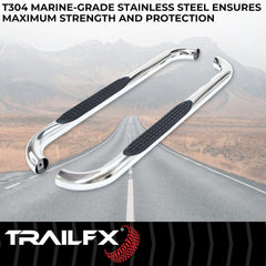 TrailFX A0061S Nerf Bar -  TFX Round Tube Side Steps -  With Step Pads -  3 Inch Round Bent -  Polished -  Stainless Steel -  Without End Caps
