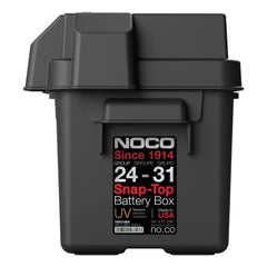 Noco BG31 Battery Box; HM318BKS; Fits Group 24 To 31 Automotive/ Marine/ RV Batteries; Snap-Top; Rugged Design; Black; Reinforced Plastic; Fully Ventilated; 14 Inch Length x 7.1 Inch Width x 9.6 Inch Height Internal Dimension; 17.6 Inch Length x 10 Inch Width x 10.7 Inch Height External Dimension; UV Resistant; Impact Resistant To -20 Degree Fahrenheit; Coast Guard/ ABYC Certified; Includes 42 Inch Battery Box Strap