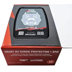 Hughes Auto PWD50-EPO-H Surge Protector; Protect From Damaging Low/ High Voltage Levels and Power Surges When Connected To Campground Power Supply; Hardwired Installation; 4800 Joules Of Advanced Surge Protection; 50 Amp; Bluetooth Connectivity; Hardwired; With Fault Indicator Light And Emergency Power Off; With Plug Head Handle Grip; Smart Technology Compatible
