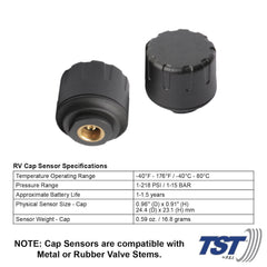 Truck System Technology (TST) TST-507-RV-4 Tire Pressure Monitoring System - TPMS; 507 Series; For Use On Rubber Or Metal Valve Stems And For RV And Trailer Applications; 4 Cap Sensors; 3-1/2 Inch TST Wide Screen Monochromatic Display; With Audio And Visual Alerts; With Two Installation Wrenches/ Rubber Display Mount/ Suction Cup Display Mount/ USB And 12 Volt Charging Capabilities/ Detailed User Manual/ One 507 Repeater