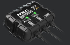 Noco GEN5X2 Battery Charger; For 12 Volt Batteries; 2 Bank Onboard Charger/ 5 Amp Per Bank; 120 To 240 Volt AC/ 50 To 60 Hz; 10 Amp Charging Current; 7 Inch Length x 2.2 Inch Width x 5.6 Inch Height; With Two Self-Tapping Screw