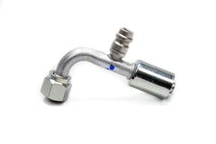 Fitting, Hose End, AC Refrigerant, 90 Degree, 8 AN Hose Crimp to 8 AN Female O-Ring, Charge Port, Aluminum / Steel, Natural / Zinc Oxide, Each