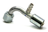 Fitting, Hose End, AC Refrigerant, 90 Degree, 10 AN Hose Crimp to 10 AN Female O-Ring, Charge Port, Aluminum / Steel, Natural / Zinc Oxide, Each