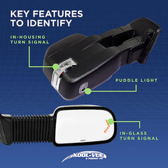 KOOL VUE MIRRORSF-SERIES SUPER DUTY 02-07/EXCURSION 00-05 TOWING MIRROR RH, Power, Manual Folding, Heated, Textured, Dual Glass, Double-Swing Type, w/ Signal Light